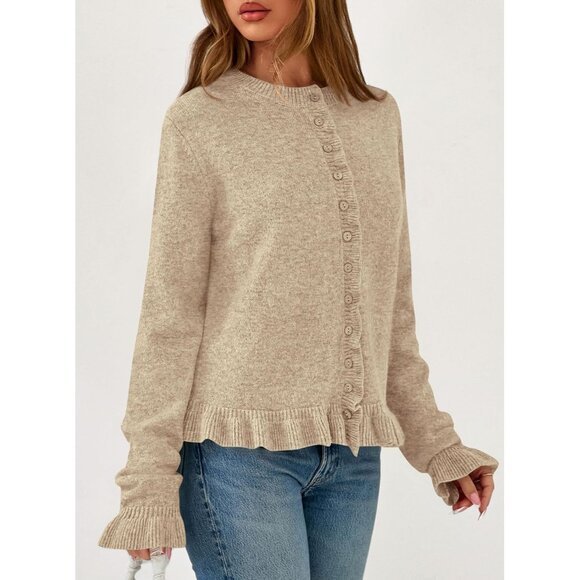 Women’s Chunky Knit Button Down Ruffle Cropped Cardigan Sweater Long Sleeve - Picture 3 of 8